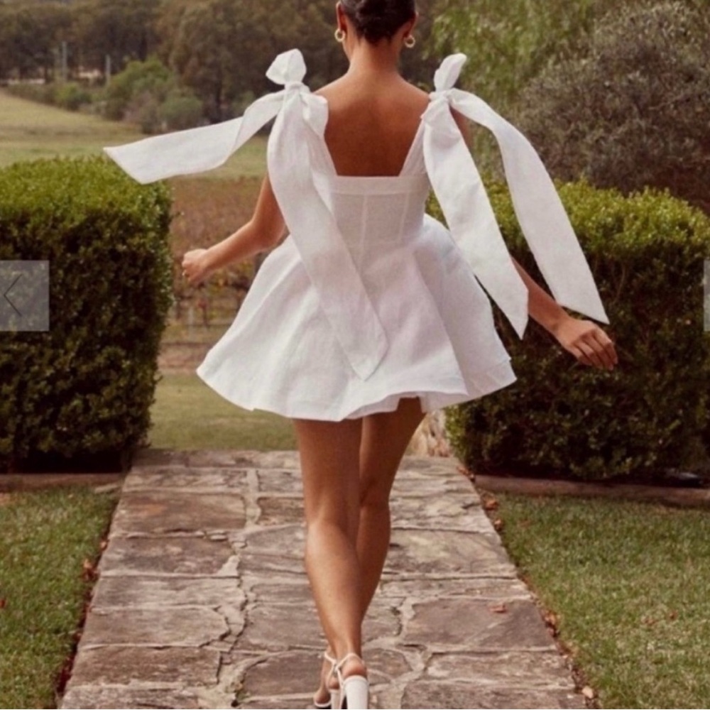 DISSH Aisle White Linen Bow Mini Dress Size US 6